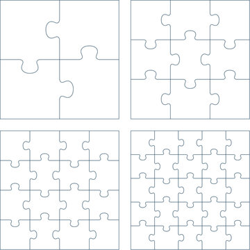 Puzzle pieces 2 x 2 , 3 x 3 , 4 x 4 and 5 x 5 vector pattern. Jigsaw square template of 4, 9, 16 and 25 pieces isolated on white background. Outline shapes of puzzle game picture.