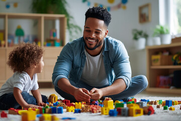 Kindergarten teacher is sitting on the floor playing with building blocks with a child