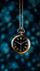 Elegant vintage pocket watch with golden chain, showcased against a blurred blue bokeh background, symbolizing timeless style and nostalgia.