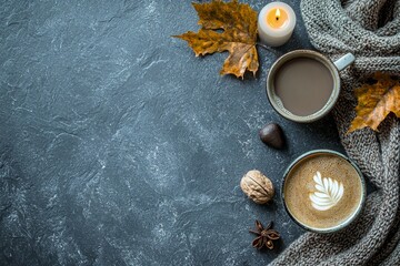 Composition with a cup of coffee, plaid, and autumn leaves on a black background. Top view, flat lay, and copy space.