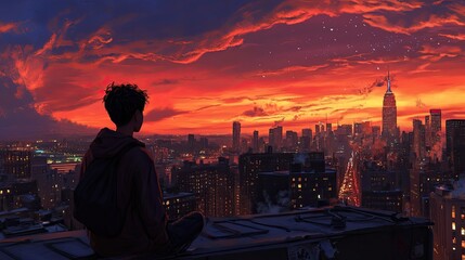Fototapeta premium A teenager on a rooftop, watching the city transform as dusk falls, symbolizing dreams and the transition to adulthood.