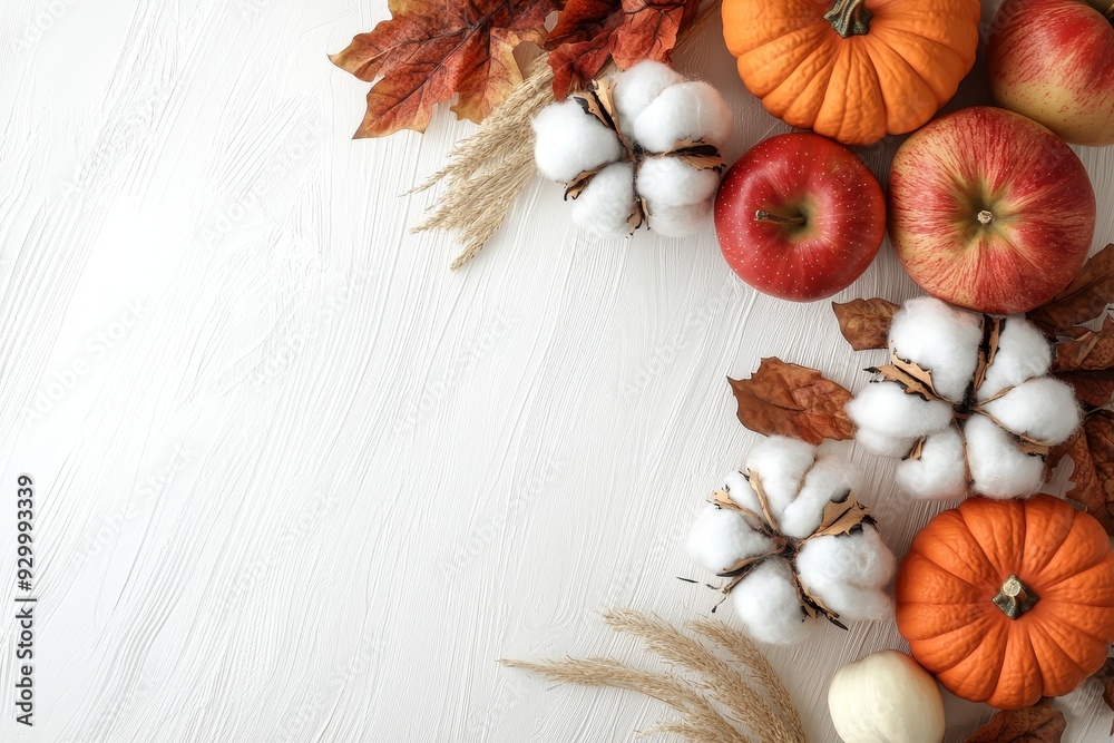 Poster an autumn maple leaf on a white background with pumpkins and red berries. thanksgiving day image.