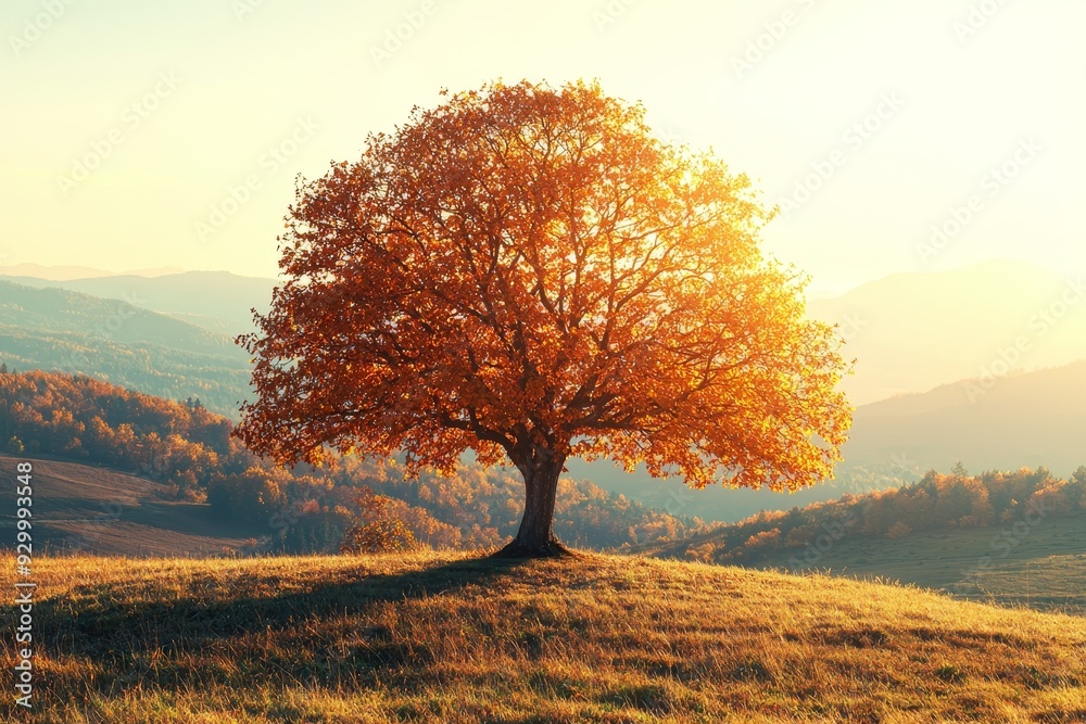 Poster an autumnal scene of a majestic beech tree with bright beams of light in a valley of the carpathian 