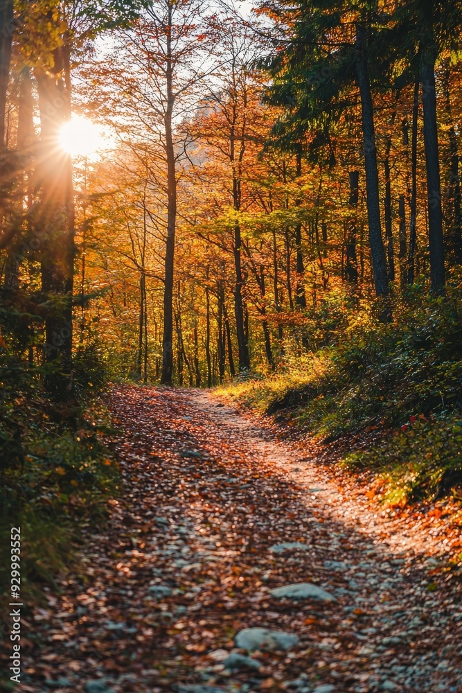 Poster as the morning sun shines through branches and vivid gold and red fall leaves, an autumn forest is i