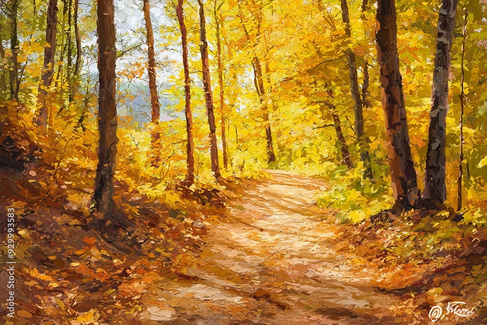 Poster an autumn forest scene with a road of fall leaves and warm light illuminated by the gold foliage. na