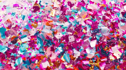 A vibrant explosion of multicolored confetti, creating a dazzling mosaic of colors, shapes, and textures against a soft, blurred backdrop.