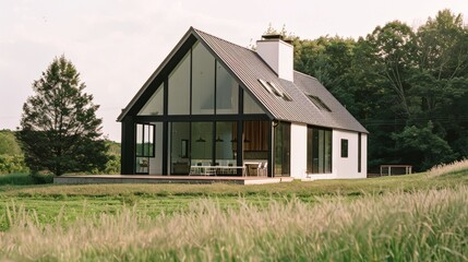 Obraz premium A modern, minimalist house with large windows stands serenely in an open field, surrounded by lush greenery and bathed in soft natural light.