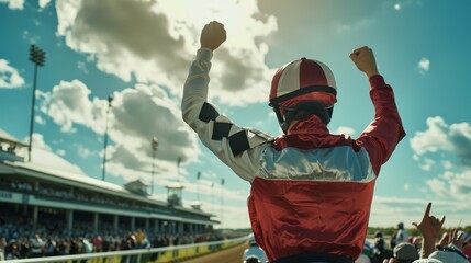 Obraz premium A victorious jockey celebrates with raised arms under a partly cloudy sky, set against the backdrop of a packed racetrack grandstand.