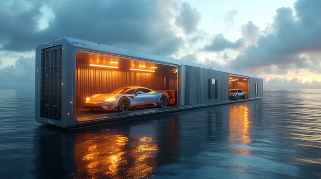 Conceptual design of a shipping container modified to securely transport luxury cars on their journey across the seas Car Shipping Journey, Luxury transport