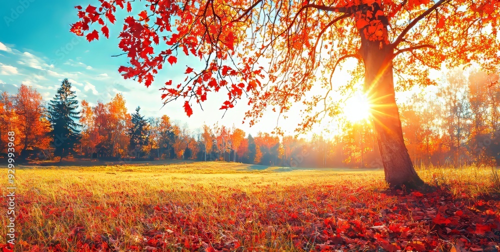 Poster the setting sun and a majestic oak tree with red leaves in the foreground create a glorious autumn s
