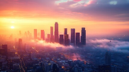 Obraz premium A vibrant cityscape at sunrise, where dreams come true, with tall skyscrapers glowing and a soft mist rising, symbolizing new beginnings.