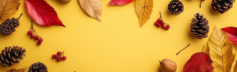 Fototapeta premium A flat lay of colorful autumn leaves and pinecones