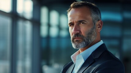 Fototapeta premium A confident man in a suit gazes intensely into the distance, highlighted by natural light coming through large windows, reflecting deep thought.