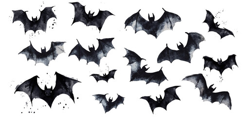 Set of watercolor bats png. Black mice for Halloween decorations. Simple icon of flying mice from different sides. Watercolor elements for Halloween.