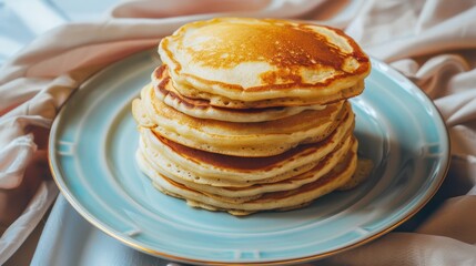 A tall stack of golden pancakes on a pastel blue plate, gently illuminated in a cozy setting with soft fabric in the background.