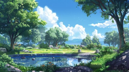 Fototapeta premium An anime-style park background featuring towering trees, flowers, and a sparkling sky. Perfect for creating fantasy themed designs.