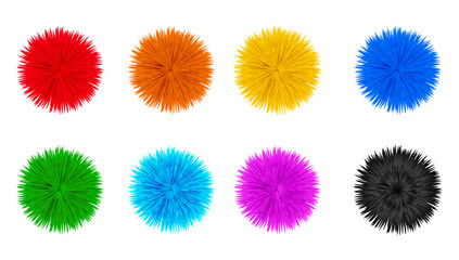 Fur pompons. Fluffy balls, wool furry pompon fuzzy sphere soft pom poms ball hairy knit pompom colorful fuzz toy set 3d realistic vector illustration