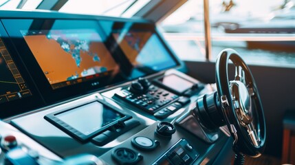 The sophisticated control helm of a luxury vessel, featuring state-of-the-art navigation systems and panoramic windows.