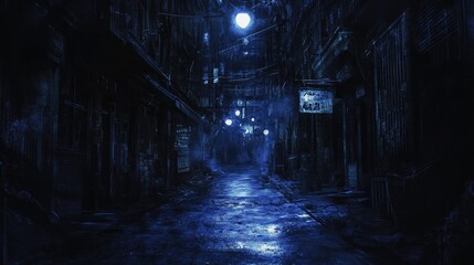 Fototapeta premium An eerie dark street at night, with only a few scattered lights, deep shadows, and a sense of solitude in the empty urban space.