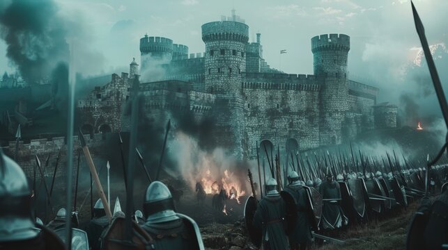 A large medieval castle under siege, surrounded by heavily armored knights, with smoke and fires raging around its stone walls.