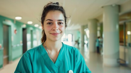 Fototapeta premium A young nurse with a ponytail smiles gently in a modern hospital's hallway, radiating approachability and kindness.