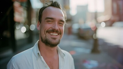 Fototapeta premium A man in the city smiles brightly on the street, his light shirt and beard illuminated by soft urban lights, capturing the vibrant energy of the bustling cityscape.