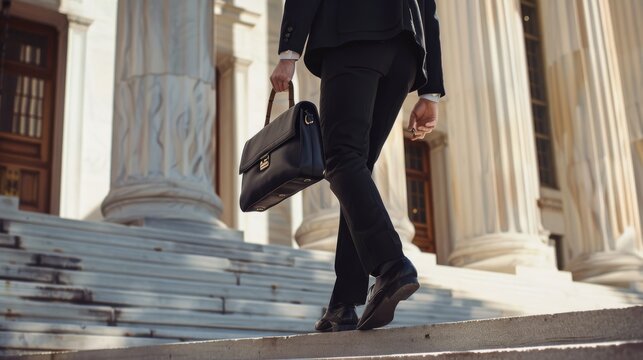 A person in formal wear carrying a briefcase climbs a sun-drenched set of stairs of a grand building with large columns.