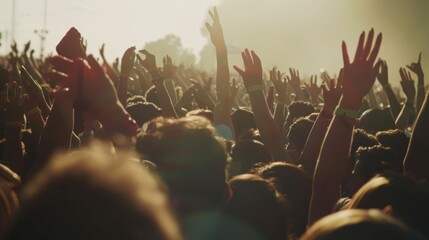 Enthusiastic festival-goers, immersed in the moment, stretch their hands towards the evening sky, creating a scene brimming with energy and celebration.