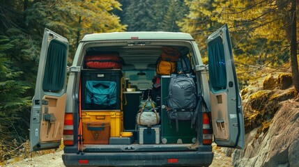 A van fully loaded with camping equipment is parked in a forest, portraying readiness for an outdoor adventure amid the lush greenery.