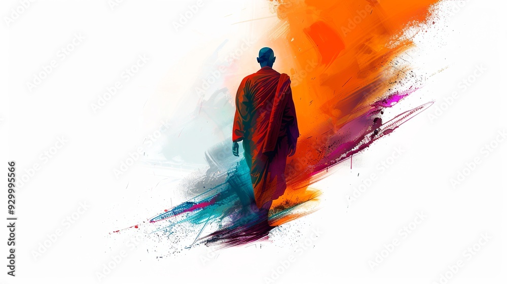 Wall mural flashy brushstroke tattoo in chinese art style. monk in thailand orange robes, walking with head dow