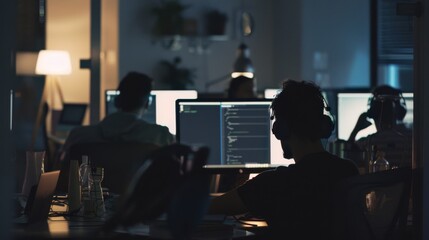 Dimly lit room with people working on computers, their screens glowing in the otherwise dark surroundings, creating a focused and intense atmosphere.