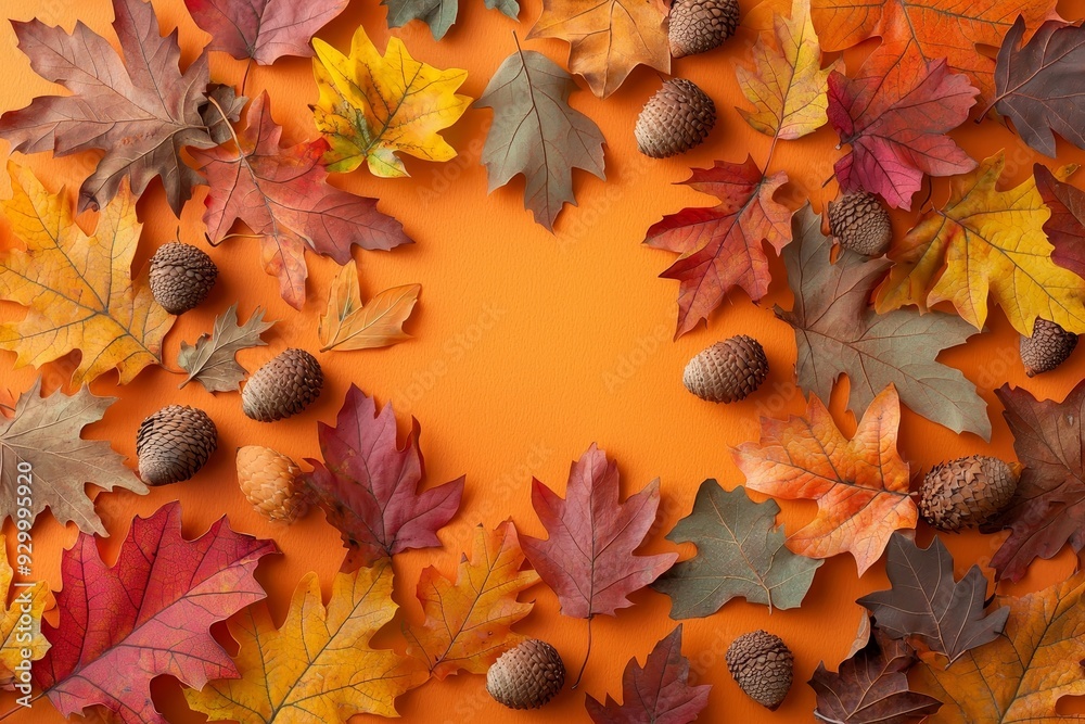 Poster this is an autumn composition of dried leaves on a table and other design accessories. it is a flat 