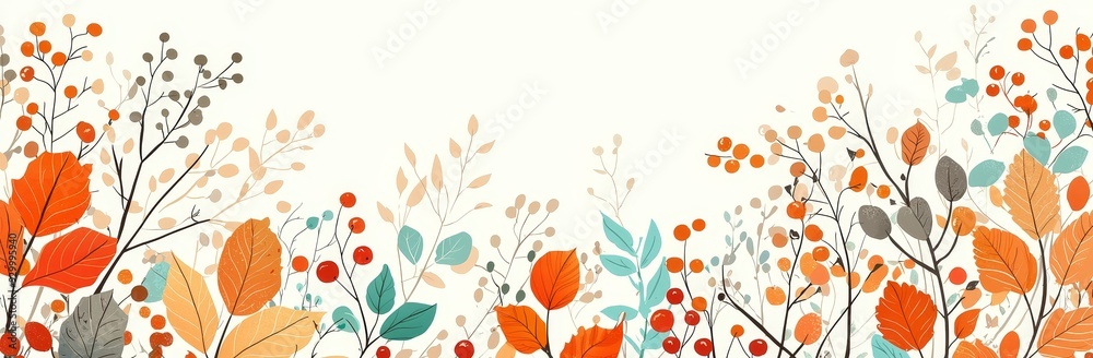 Poster an autumn banner pattern with bright leaves and berries in retro colors. a playful illustration in a