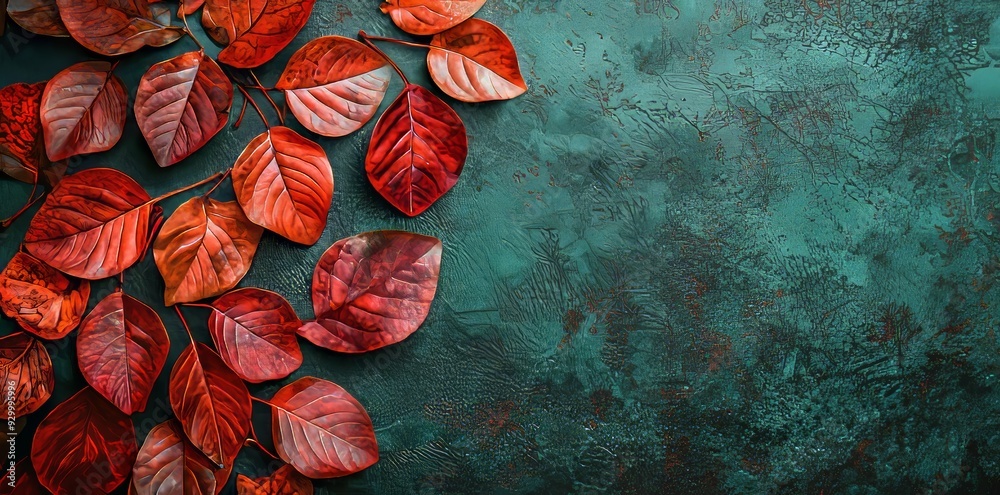 Poster Top view of autumn background with colored red leaves on blue slate background. This image was generated by AI.