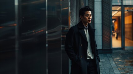 Fototapeta premium A contemplative man in a black coat stands in an urban setting, bathed in the soft glow of city lights reflecting off a glass facade.