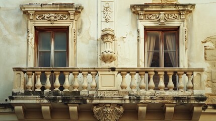 Ornate balcony facade of an aged building, featuring decorative elements and weathered textures, telling a story of historical architecture and era.