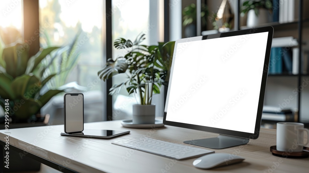 Aufkleber workspace, mockup computer pc isolated white screen on desk with smartphone, keyboard, mouse and wor