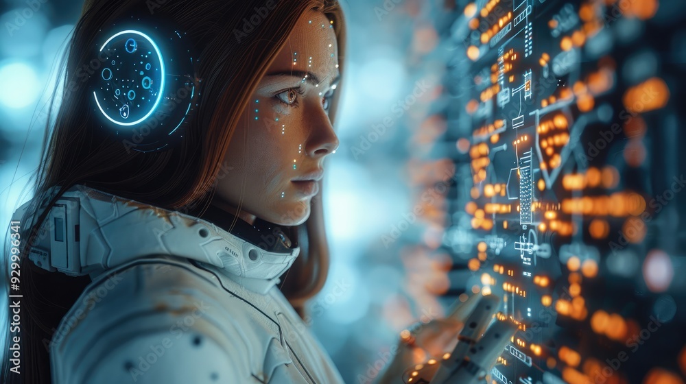 Aufkleber Woman using technology smart robot AI, artificial intelligence by enter command prompt for generates something, Futuristic technology transformation. Chat with AI. Generative AI.