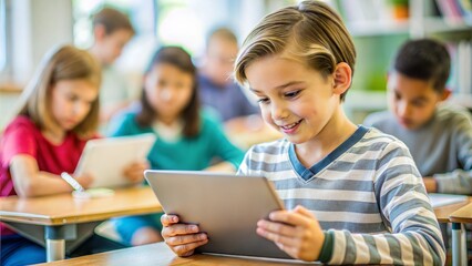 Smiling Boy Using Tablet for Learning in a Classroom Environment