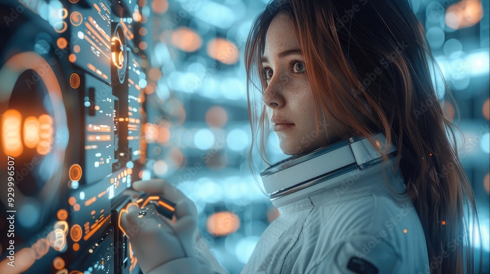 Aufkleber Woman using technology smart robot AI, artificial intelligence by enter command prompt for generates something, Futuristic technology transformation. Chat with AI. Generative AI.