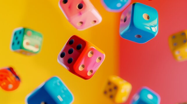 A cascade of colorful dice tumbling in mid-air against a vibrant, two-toned background of yellow and red.