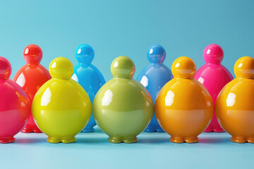 Naklejka premium Brightly colored figures stand side by side, creating a vibrant display against a light blue backdrop