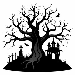 haunted trees silhouette collection of Halloween vector illustrations on white background. scary plant element