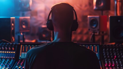 Obraz premium An individual wearing headphones is seated in front of a colorful, illuminated sound mixing console in a dimly lit recording studio.