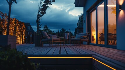 Fototapeta premium A contemporary deck at twilight, with elegant seating arrangements, subtle lighting, and an inviting atmosphere perfect for evening relaxation.