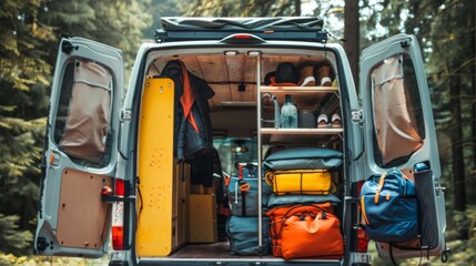 Fototapeta premium A fully equipped camper van, with its doors open, revealing organized gear and outdoor equipment ready for an adventure in the forest.
