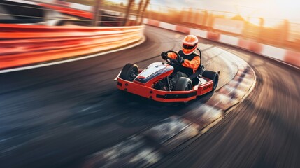 A go-kart racer in an orange suit rounds a bend, the motion blur and warm sunset lighting accentuating the speed and intensity of the race.