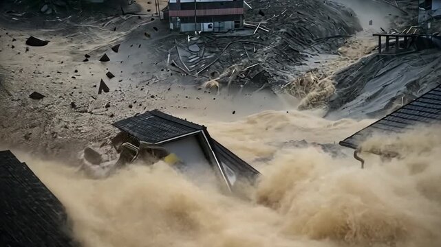 Seismic hazard aftermath: collapsing houses, broken dam, mudslide submerges streets, destruction path. Urgent danger evident.