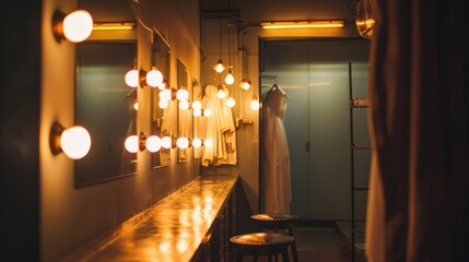 Warm lights illuminate a dimly lit dressing room with reflections on the counter, a solitary figure in the background enhancing the scene’s depth.