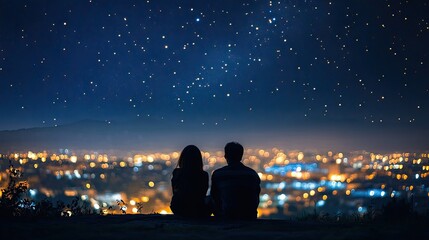 Fototapeta premium Two figures in silhouette sit quietly, watching the city lights sparkle beneath a starry sky, capturing a serene and contemplative night.